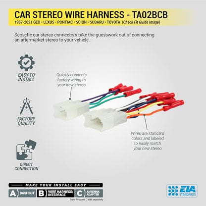 Scosche TA02BCB Stereo Wiring Harness Compatible with Select Non-Amplified 1987-21 Geo, Lexus, Toyota, Scion and Subaru Vehicles. - Wire Harness for Car Stereo. Check Vehicle List Below for Your Model