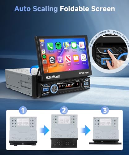 Single Din Car Stereo Touch Screen Flip Out Wireless Carplay Android Auto, 7 Inch Car Radio 1 Din with Bluetooth 5.1 FM Radio Mirror Link EQ/TF/USB/AUX Rear View Camera Steering Wheel Control - style: Electric Retractable Screen with Carplay