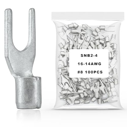 100Pcs #8 Non-Insulated Fork Terminal,16-14 AWG Brazed Seam Red Copper Wire Connectors,Crimp Connector Terminal Kit (Fork #8 100PC, AWG16-14) - size: AWG16-14, style: Fork #8 100PC