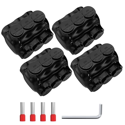 Joinfworld 3 Port Insulated Multi Tap Connector 250MCM-6 Gauge Wire Connectors Aluminum to Copper Wire Connectors Dual Entry Black Electrical Cable Connectors with Slotted Allen Hex - 4 Pack - size: 250MCM-6 AWG