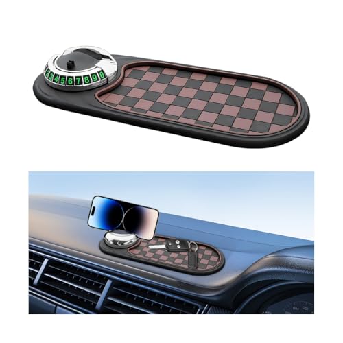HZEL Car Dash Anti-Slip Pad, 3 in 1 Rotating Vehicle Dashboard Mat with Temporary Parking Number, Anti-Shake Auto Phone Sunglasses Keys Holder Organizer Pad, Universal Fit (Black/Brown/Silver) - color: Black/Brown/Silver