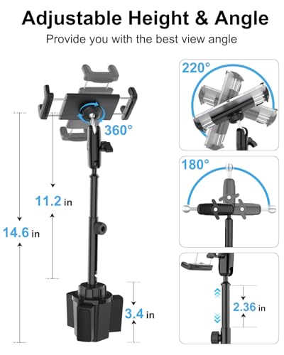 Cup Holder Tablet Mount for Pickup Truck, [Adjustable Height] Metal Long Arm SUV Tablet Mount Heavy Duty, Universal Car Cup Holder for 4-13" iPad Pro Air Mini, Phone, Galaxy Z Fold, Fire HD