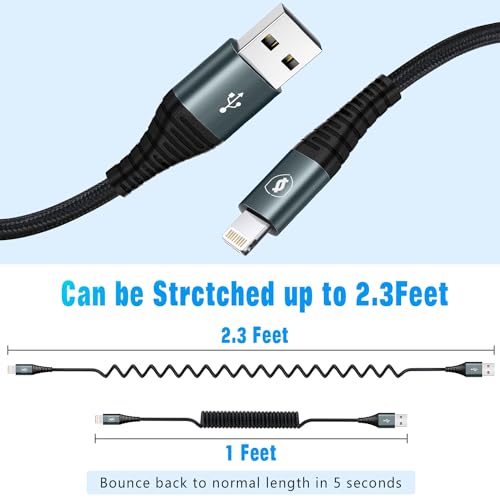 JUKEKUL Coiled Lightning Cable 3ft Nylon Braided, iPhone Charger Fast Charging for Car [Apple MFi Certified], Compatible with iPhone14/13/12/11 Pro Max/XS MAX/XR/XS/X/8/7/Plus/6S iPad/iPod-2Pack