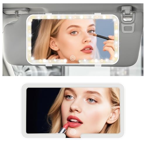Rechargeable Car Vanity Mirror with Lights,50 LED Beads Car Mirror Vanity Adjustable 3 Color & Brightness,Touchable Cars Visor Mirrors with Light as Cars Accessories for Women (White) - color: White