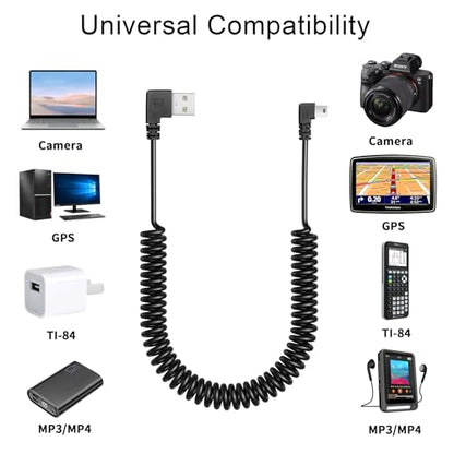 YACSEJAO Coiled Mini USB Cable 90 Degree, USB Type A to Mini B Male Data Sync & Charge Spiral Cable for Printers, Cameras, Mouse, Cell Phone (Dual Left)