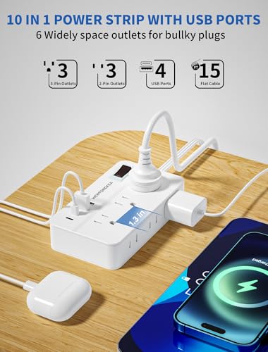 Surge Protector Power Strip - 5Ft Braided Extension Cord Flat Plug with 6 Outlets and 2 USB-A 2 USB-C Ports, 1080 Joules Wall Mounted Charging Station for Office Home ETL (15FT) - size: 15 ft
