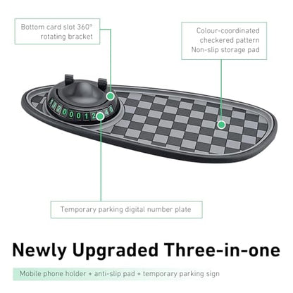 Anti Slip Mat for Car Dashboard, Multifunctional Non-Slip Dashboard Mat with Phone Holder & Temporary Parking Number, Dash Storage Pad for Key Gadget, Universal for Most Cars (Black)