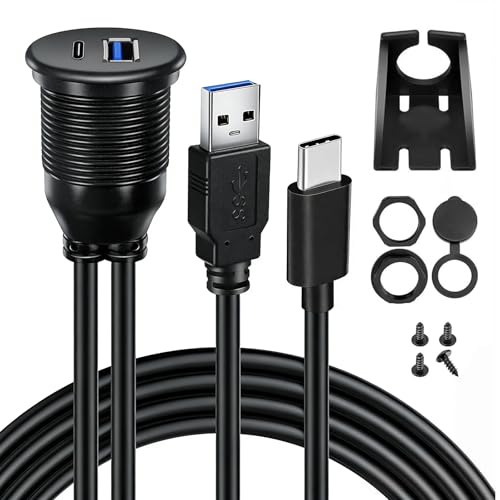Dual Port USB A/C 3.0 Male to USB A/C 3.0 Female Extension Cable,Flush Mount Waterproof Panel Cable for Car,Truck,Boat,Motorcycle Dashboard 3.3ft - style: USB-Type C-3.0