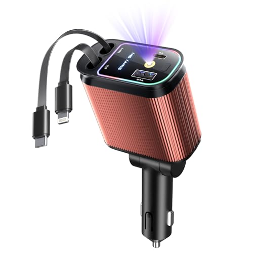 Starlight Retractable Car Charger with Retractable Cables, Starlight in Car Roof 4 in 1 Super Fast USB C Car Phone Charger, 2 USB Ports Starry Sky Adapter, Compatible with iPhone 17 16 15 14 13 12 - color: Orange