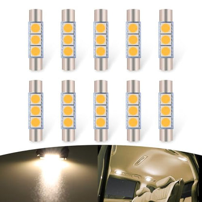 10 PCS T6 5050 Car LED Sun Visor Lights, 28MM 12V 300LM Super Bright Waterproof Vehicle Reading Light Bulb Replacement, Universal Automotive Roof Light Accessories (Warm White Light) - color: Warm White Light