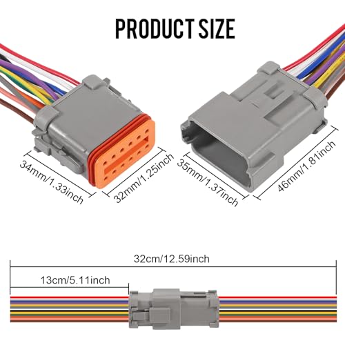2 Sets Deutsch DT 12 Pin Waterproof Connector 12 Way Male Female Automotive Waterproof Electrical Connector Plug with 16 AWG Cable Wire for Car Truck Boats - color: 2Sets 12Pin