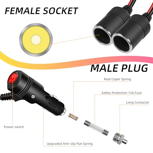 GELRHONR Cigarette Lighter Splitter 2 Socket, 12V Double Cigarette Lighter Adapter, 18AWG Dual Cigarette Lighters Extension Cord with 15A Fuse (1 to 2) - size: 0.2M, style: 1 to 2