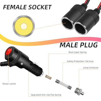 GELRHONR Cigarette Lighter Splitter 2 Socket, 12V Double Cigarette Lighter Adapter, 18AWG Dual Cigarette Lighters Extension Cord with 15A Fuse (1 to 2) - size: 0.2M, style: 1 to 2