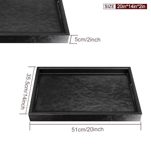 20 x 14 inches Leather Rectangle Serving Tray with Hole Handles,High-End Light Large Service Tray for Ottoman Tray, Tea, Food, Butler - Countertop, Kitchen,Family Dinner, Picnic (Black) - color: Black, size: 20" x 14" x 2"