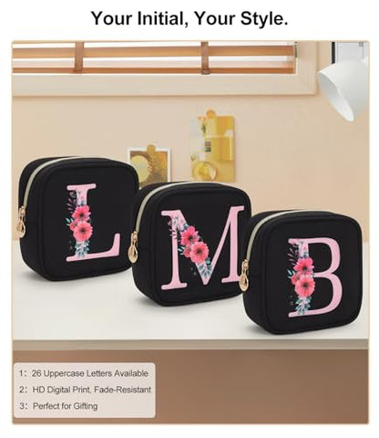 Relavel Initial Mini Makeup Bag for Girls, Small Makeup Bag for Purse with Zipper ＆ Removable Handle, Portable Makeup Pouch Lipstick Skincare Bag, Small Gift Cosmetic Bags for Women Girls(Black M) - size: A-Small, style: M