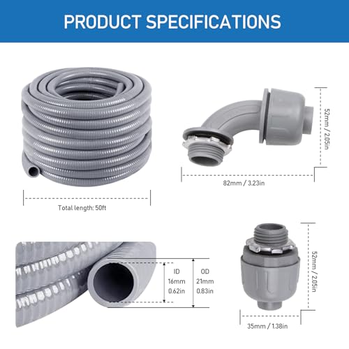 Z 1/2" Dia * 100 Feet Flexible PVC Liquid Tight Electrical Conduit Kit with 31 Pieces, 10 Straight Fittings, 10 Angled Elbows, 10 MET Straps - style: 1/2" 100ft