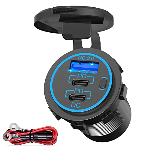 USB C Car Charger Socket – 58W Lengthened RV USB Outlet 12V Socket Dual 20W PD3.0 USB-C and 18W QC3.0 Car USB Port with Button Power Switch for Boat Marine Motorcycle