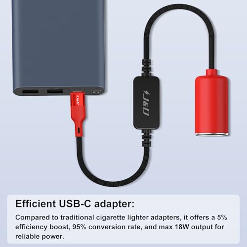 J&D USB C Male to 12V Car Cigarette Lighter Socket Female Converter Cable, 12V 18W Power Cable for Dash Cam, GPS, Car LED Light Strips, Red, 1 ft - color: Red, size: 1 ft
