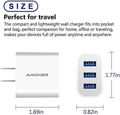 USB Wall Charger, Amoner 2Pack 15W 3-Port USB Charger Block iPhone Cube Charging Blocks for iPhone 14/13/12/11/X/XR/X/8/7/6, Galaxy, Android Phones and More - color: White