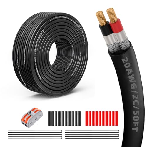 20 Gauge 100% Pure Copper 2 Conductor Flexible Shielded Wire 50FT, UL2464 20AWG 2 Core EMI/RFI Shielding Shielded Cable for Automotive, 3D Printer,CNC VFD Spindle, Stepper Motor, Sound, Speaker - size: 50FT, style: 20/2