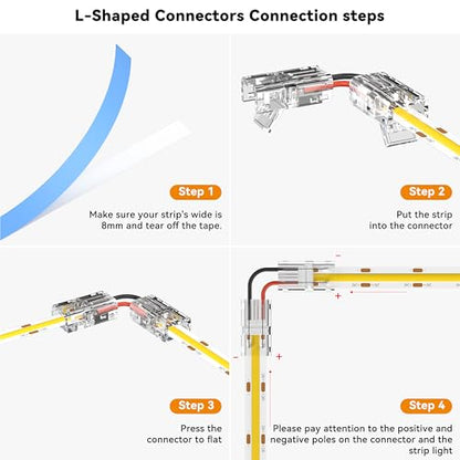 PAUTIX 8pcs 2-Pin 8mm COB LED Strip to Wire Connector Unwired Clips Solderless Adapter Terminal Extension Connection,4pcs L-Shaped Connectors for LED Strip Lights 12V 24V (Pack of 12) - size: 8 Strip to Wire + 4 L-Shaped(8mm)