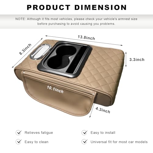 Car Center Console Armrest Pillow, 5-in-1 Armrest Cover with 2 Storage Bags Tissue Box Cup & Phone Holder, Comfy Arm Rest Cushion Leather Vehicle Middle Console Organizer (Beige, Embroidered) - color: Beige, Embroidered