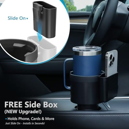 Seven Sparta Cup Holder Expander with Phone Holder & Cable Access, 3-in-1 Car Organizer, Side Storage Box for Phone/Cards, Compatible with Yeti, Owala, Hydro Flasks & Large Bottles Mugs in 3.4"-3.8"