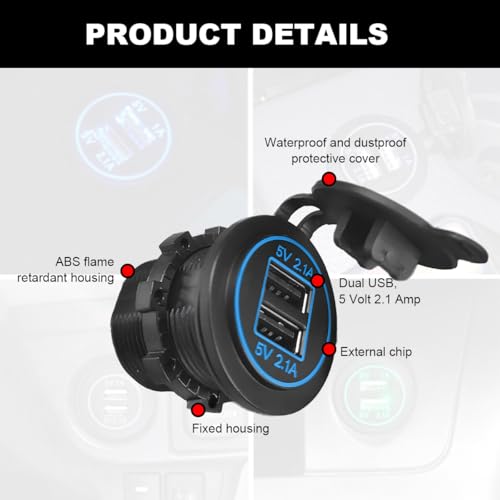 4.2A Dual USB Charger Socket, Waterproof Power Outlet 12V/24V 2.1A & 2.1A Quick Charge Socket, USB Charger Socket with Cap for Car Golf Cart Mobile RV ATV Truck Marine Boat (Blue) - color: Blue