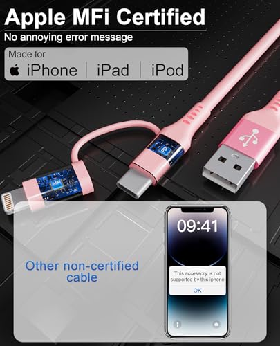 USB to Lightning and USB C Cable 2 in 1 Coiled Pink iPhone Charger - Pink Car Charger Lightning USB C Combo Cable Support Apple Carplay & Android Auto & Data, for iPhone 16 15 14 13 12 11 Android - color: Pink