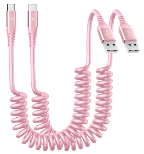 Coiled USB A to USB C Cable for Car [2-Pack, 6ft], USB Type C Cable Fast - color: Pink, size: 6FT