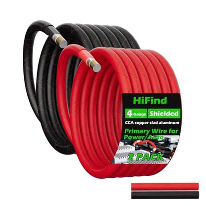 HiFind 4 Gauge AWG Power Ground Wire Cable 50 Ft/2 Pack, True Spec Shielded Braided Welding Battery Cable Terminal for Automotive, Car Audio, Amp Wiring,Speaker Stereo,Solar,Marine,Generator-Red+Black - size: 50FT, style: Red+Black