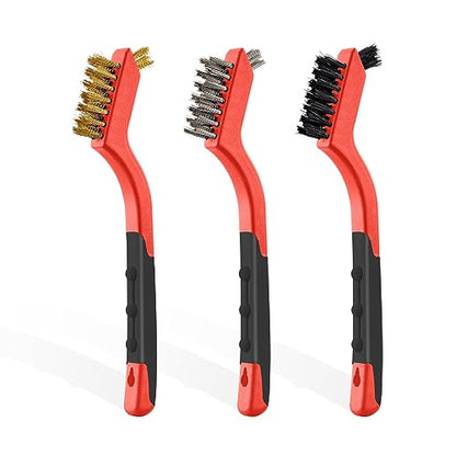 MAXMAN Wire Brush Set 3Pcs, Small Scratch Brush, Rust Scrub Detailing - style: 3 PCS Brass/Stainless Steel/Nylon Bristles Red