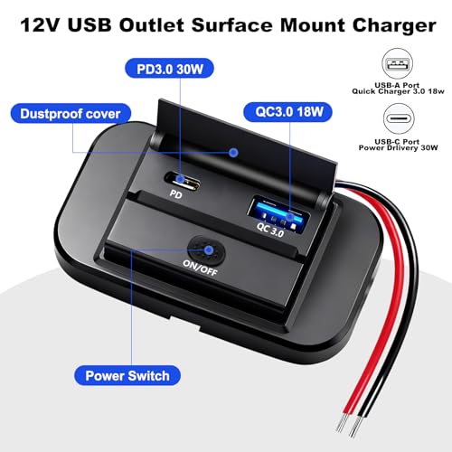 12V Flush Mount USB Charger with Power Switch, Multi-Port Car Charger for RV, Boat, Car, Bus, ATV, Motorcycle - Panel Mount Charging Accessories (PD+QC)