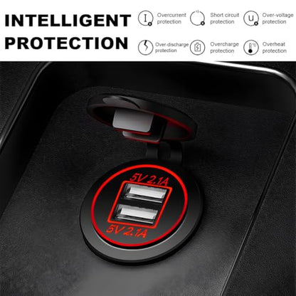4.2A Dual USB Charger Socket, Waterproof Power Outlet 12V/24V 2.1A & 2.1A Quick Charge Socket, USB Charger Socket with Cap for Car Golf Cart Mobile RV ATV Truck Marine Boat (Red) - color: Red