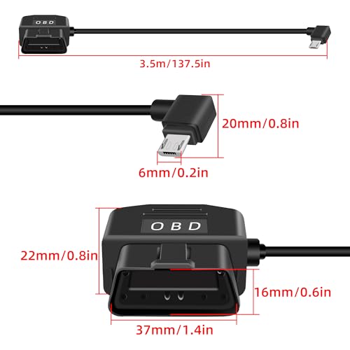 OBD Power Cable for Dash Cam,Right Angle Micro USB to OBD-II Hardwire kit Adapter with Switch Button Connector, 24 Hours Surveillance Mode/Acc Mode (11.5FT/3.5M) - style: micro(r)