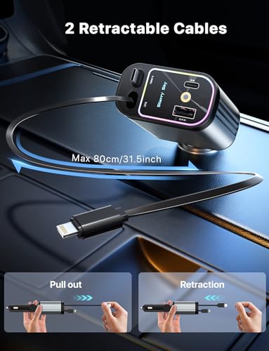 Starlight Retractable Car Charger with Retractable Cables, Starlight in Car Roof 4 in 1 Super Fast USB C Car Phone Charger, 2 USB Ports Starry Sky Adapter, Compatible with iPhone 17 16 15 14 13 12 - color: Deep Silver