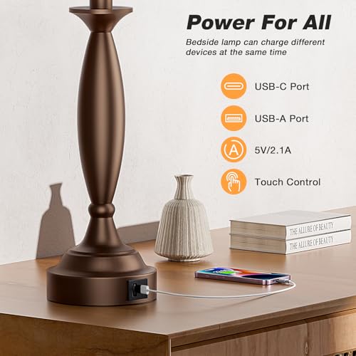 Bedroom Lamps for Nightstand, 3 Way Dimmable Brown Bedside Lamps with USB - color: I. Beige Shade & Brown Base, size: Medium（22.5 In）