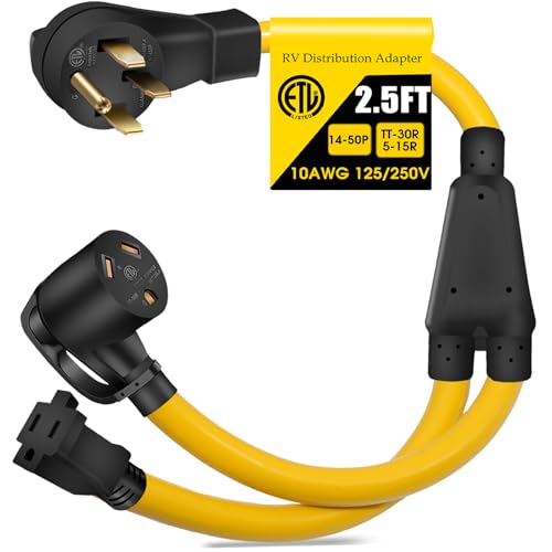 RV Y Splitter Cord 50Amp to 30Amp and 15Amp, NEMA 14-50P to TT-30R & 5-15/20R 50A to 110V Household RV Power Splitter Cord, STW 10 Gauge,ETL Listed, 2.5FT