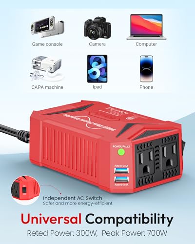 BESTEK Pure Sine Wave Power Inverter - 300W Car Plug in Charger Outlet DC 12V to 110V AC - Cigarette Lighter Adapter 4.8A Dual USB Fast Charging Ports for Laptop - Aluminum Housing - Red - color: Red