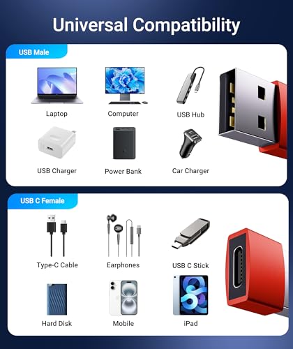 Syntech USB C to USB Adapter 3-Pack, Female to Male Converter, Aluminum - color: Red