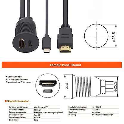 chenyang USB C & HDMI 4K Flush Car Latch Mount Waterproof Dustproof Adapter - style: HDMI/USB 2.0 Type C