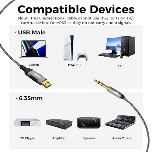 USB to 6.35mm TRS Stereo Audio Cable 4 FT, USB-A to 1/4" Audio Adapter Aux Jack Stereo Cord, Gold-Plated Connector, Nylon Braided Jacket, DAC Chip, for Laptop, Amplifier, Mixer, Home Theater, Speaker - size: 4FT
