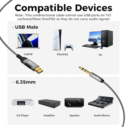 USB to 6.35mm TRS Stereo Audio Cable 15 FT, USB-A to 1/4" Audio Adapter Aux Jack Stereo Cord, Gold-Plated Connector, Nylon Braided Jacket, DAC Chip, for Laptop, Amplifier, Mixer, Home Theater, Speaker - size: 15FT