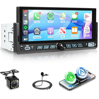 Single Din Car Stereo, 6.86" Touch Screen Car Radio with Wireless & Wired CarPlay Android Auto, Bluetooth FM USB EQ Mirror Link Steering Wheel Control + 12LED Backup Camera