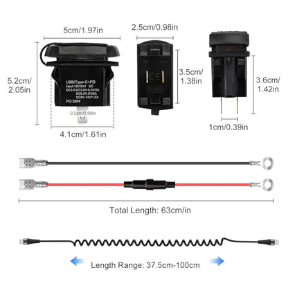 USB Rocker Switch Outlet with Voltmeter, USB-C PD & USB-A Fast Charging Panel Mount for 12V/24V Car, RV, Boat