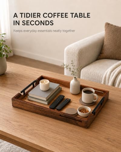 Acacia Wood Serving Tray with Handles for Ottoman Coffee Table - color: Acacia Wood-1