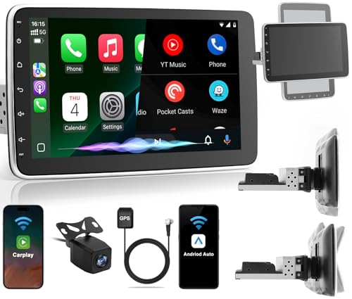 [2G+64G] 10.1" Single Din Bluetooth Car Radio Stereo with Wireless Apple Carplay Android Auto, Rotatable Touchscreen Car Audio Receivers Head Unit with Backup Camera, Mirror Link/SWC/AM/FM, Android 14