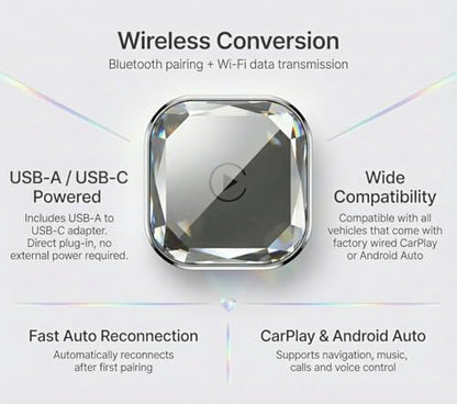 2-in-1 Wireless CarPlay Adapter & Wireless Android Auto Adapter, 5.8GHz Mini Dongle, Converts Factory Wired to Wireless, USB-A/USB-C, Auto Reconnect for Cars 2016+