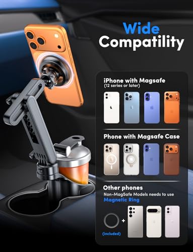 ELWEY Cup Holder Phone Holder for Magsafe, Car Phone Holder Magnetic, Upgraded 2 in 1 Cup Holder Phone Mount with Dual Adjustable Bases, Powerful N55 Magnet, 15" Height, for iPhone 17 Pro Max 16 15