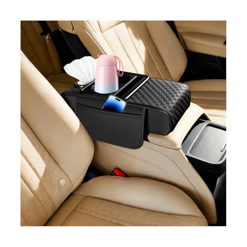 Car Center Console Armrest Pillow, 5-in-1 Armrest Box Cover with Cup Phone Holder & Storage Pocket Tissue Box, Multifunctional Auto Middle Console Arm Rest Protector, Universal Fit (Black) - color: Black